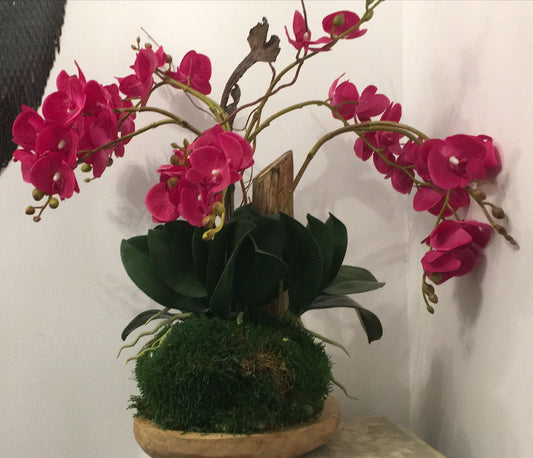 Real Touch Pink Orchids with Moss in Oval Wood Bowl