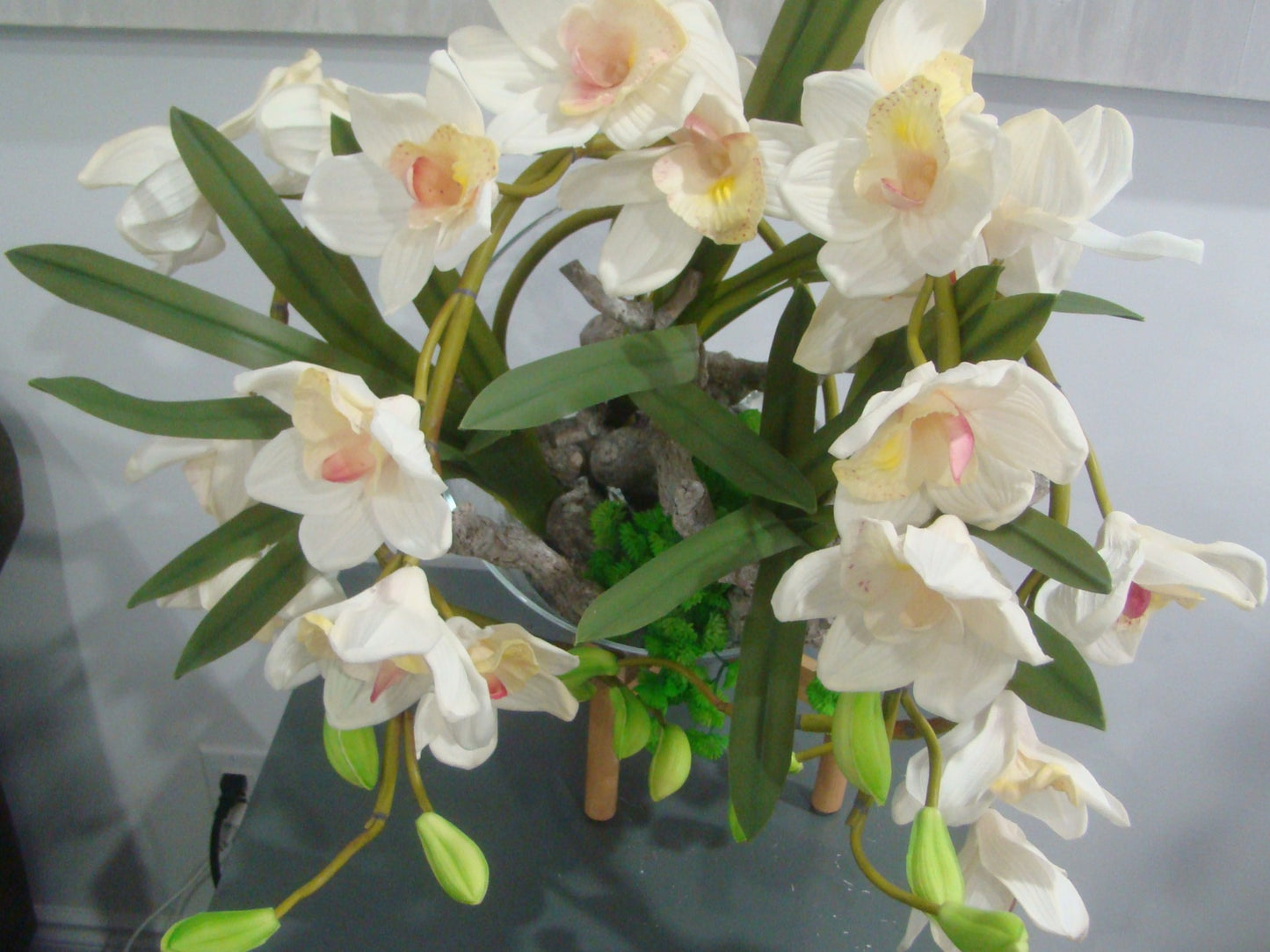 Real Touch Cream Cymbidium Orchid and leaves/ Whitewashed Branches in Liquid Water