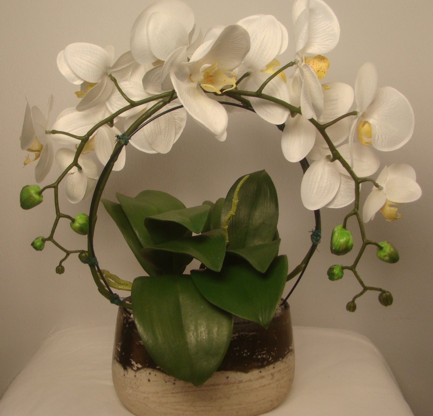 Real Touch Double Orchids in Gold and Cream Ceramic Vase