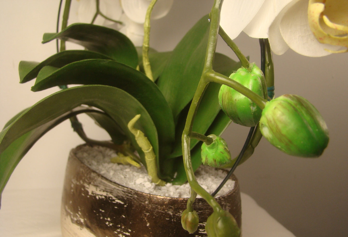 Real Touch Double Orchids in Gold and Cream Ceramic Vase