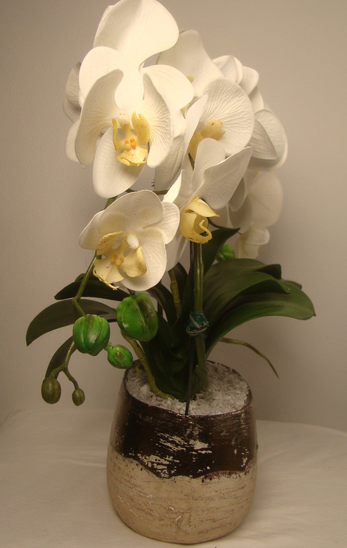 Real Touch Double Orchids in Gold and Cream Ceramic Vase