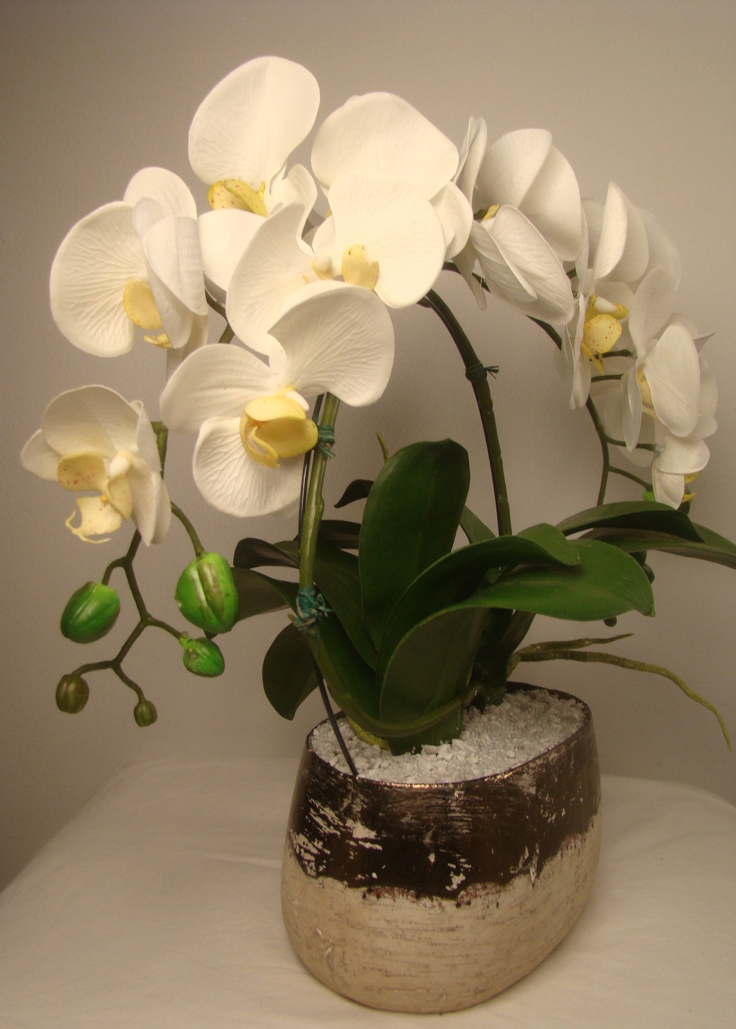 Real Touch Double Orchids in Gold and Cream Ceramic Vase