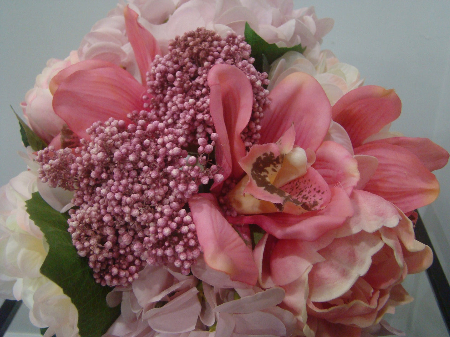 Real Touch Pink Hydrangea, Peonies and Cymbidium Orchids in White Vase