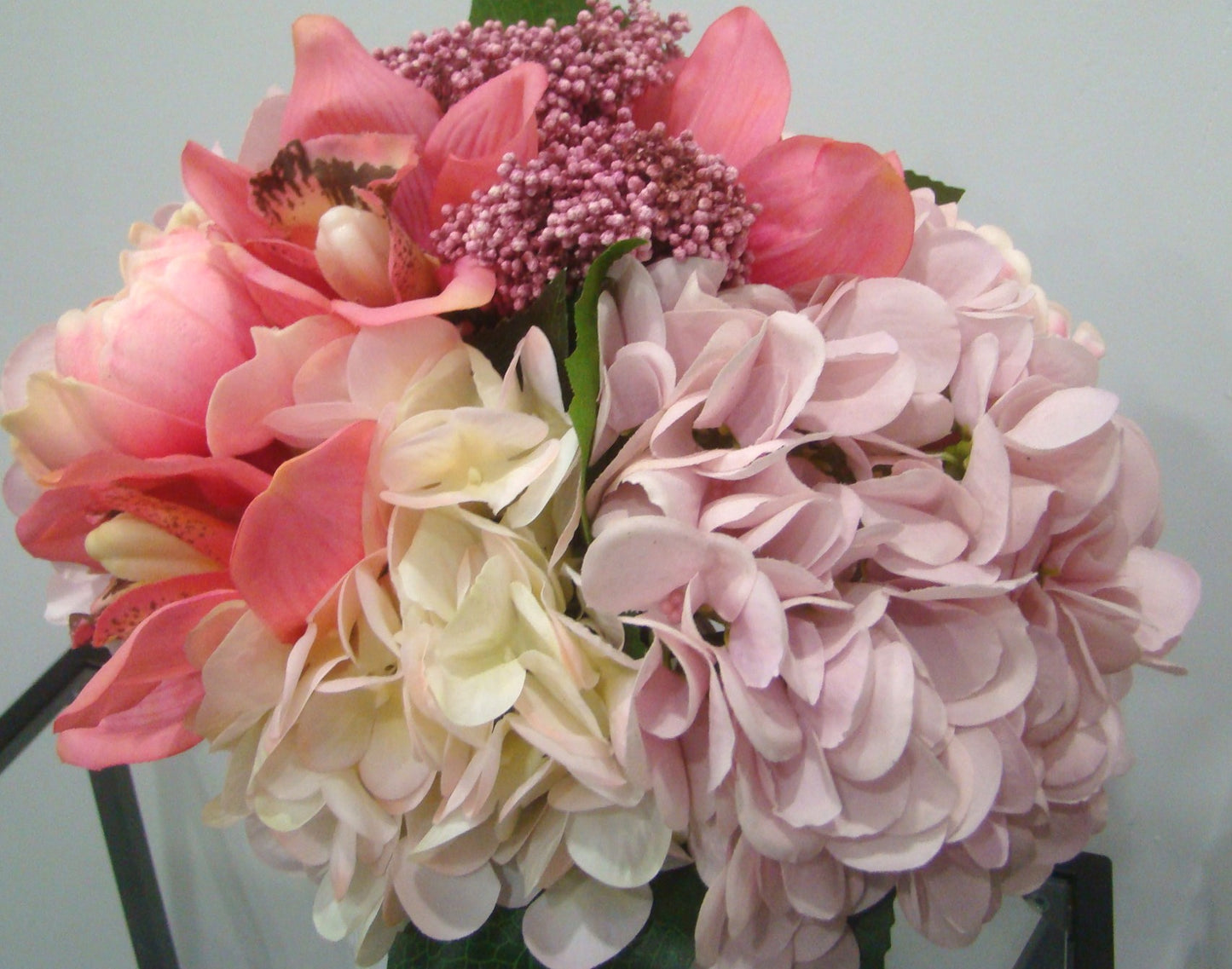 Real Touch Pink Hydrangea, Peonies and Cymbidium Orchids in White Vase