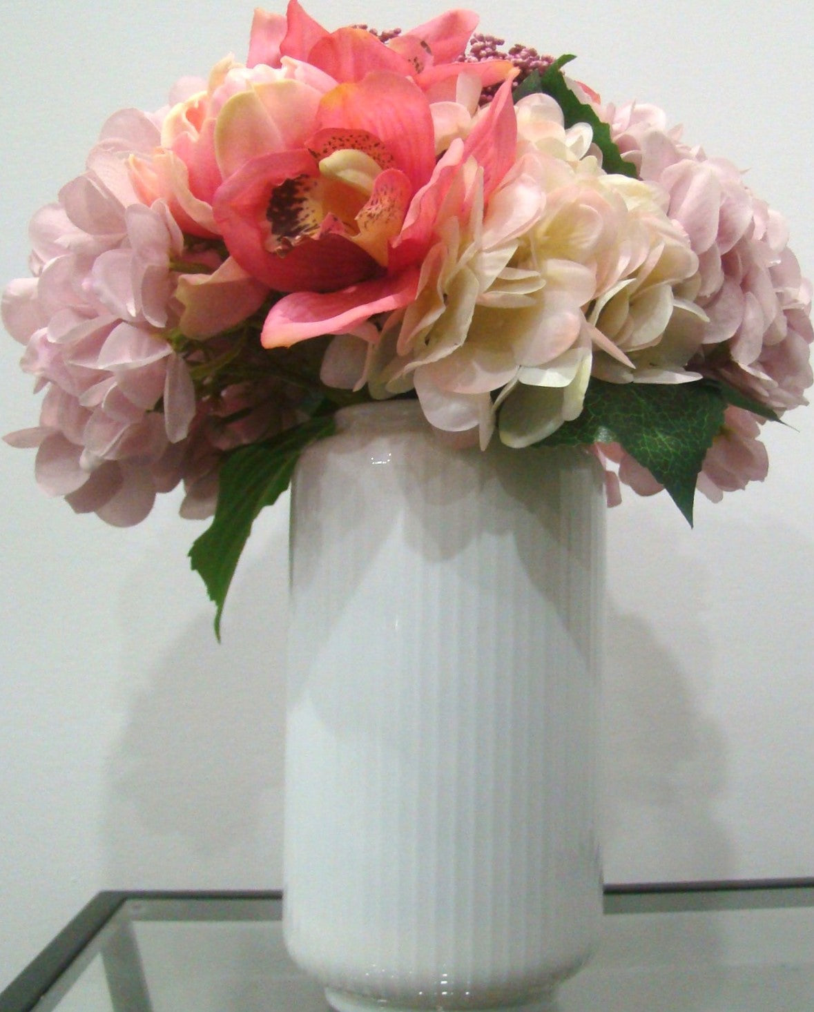 Real Touch Pink Hydrangea, Peonies and Cymbidium Orchids in White Vase