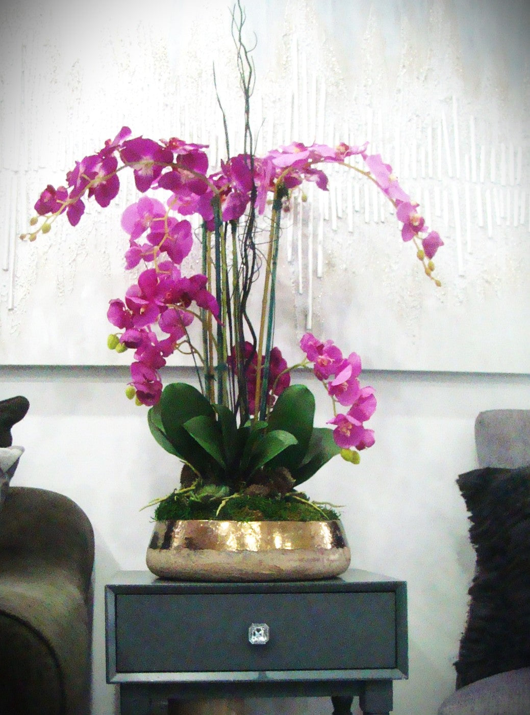 Real Touch Pink and Fushia Orchid Arrangement in Gold Washed Ceramic Bowl