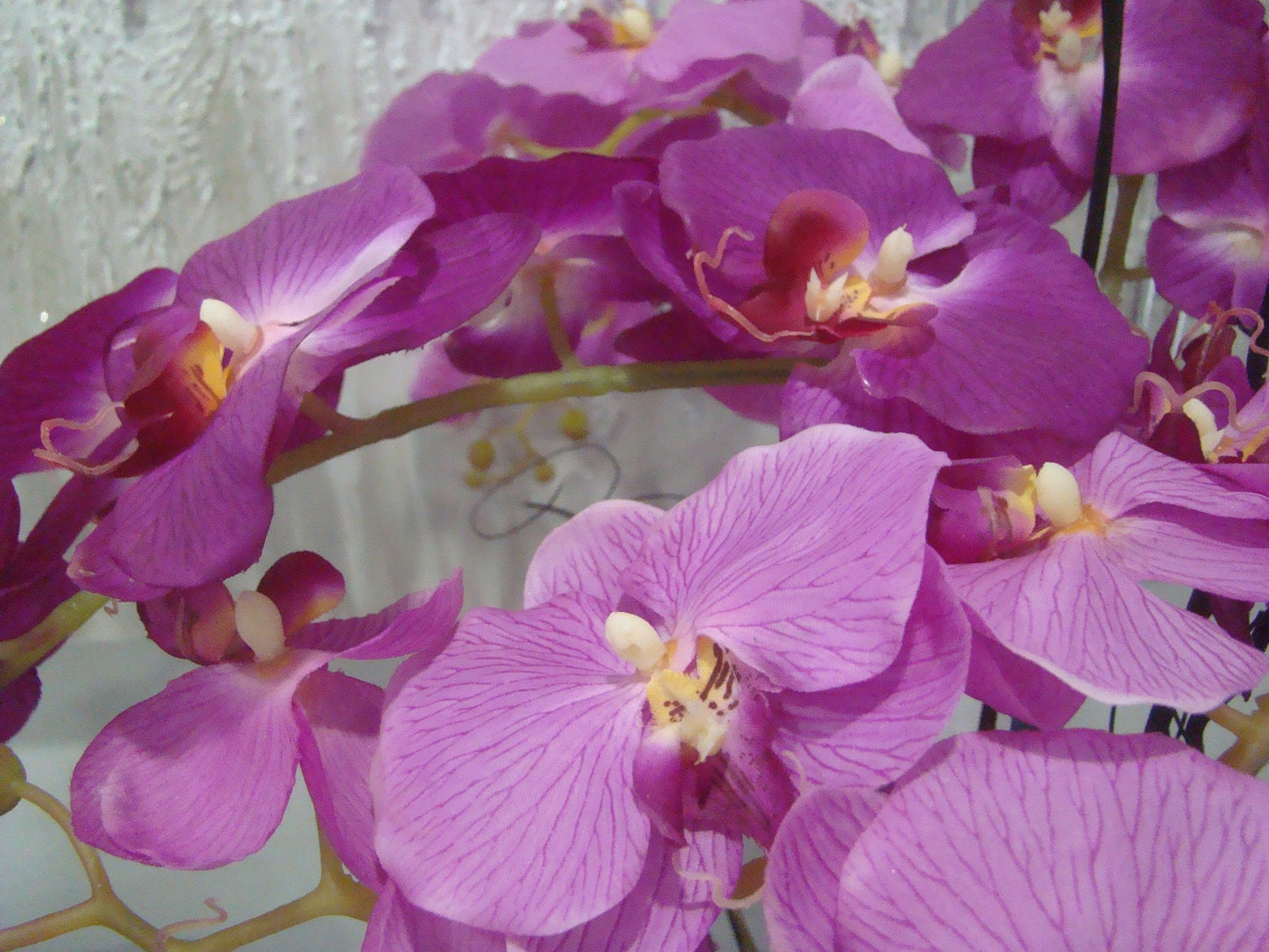 Real Touch Pink and Fushia Orchid Arrangement in Gold Washed Ceramic Bowl