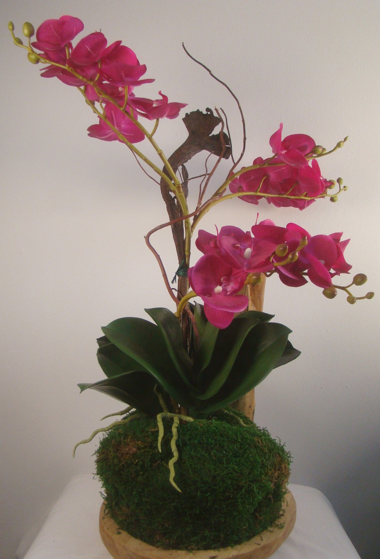 Real Touch Pink Orchids with Moss in Oval Wood Bowl