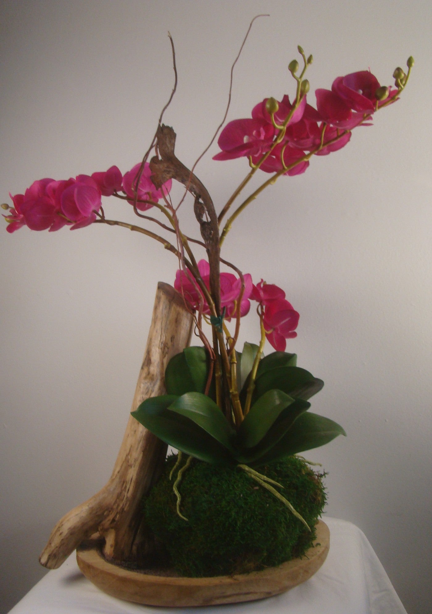 Real Touch Pink Orchids with Moss in Oval Wood Bowl