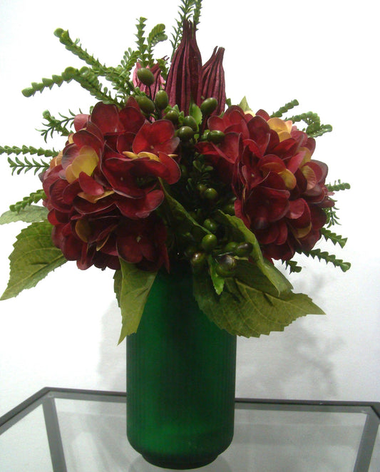 Real Touch Red Hydrangea With Okra Pods in Hunter Green Vase