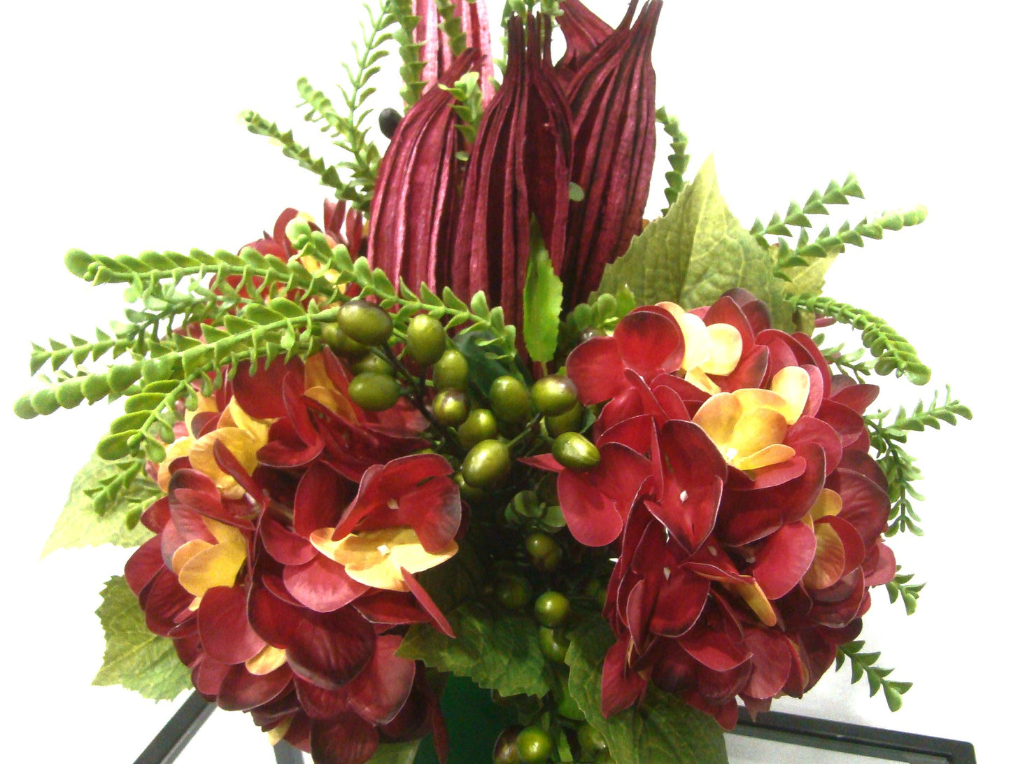 Real Touch Red Hydrangea With Okra Pods in Hunter Green Vase