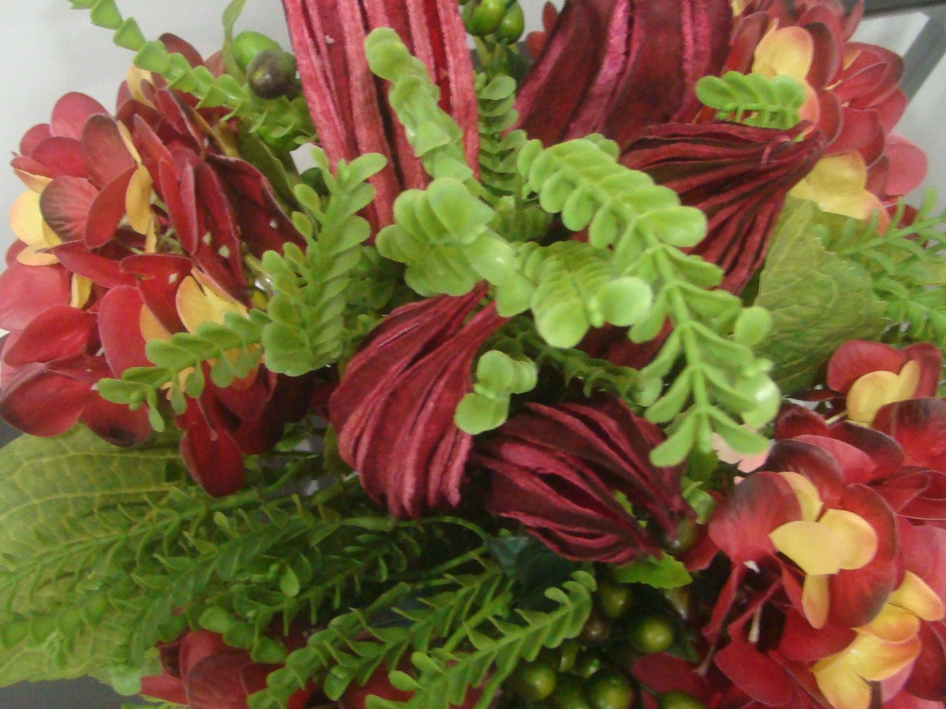 Real Touch Red Hydrangea With Okra Pods in Hunter Green Vase