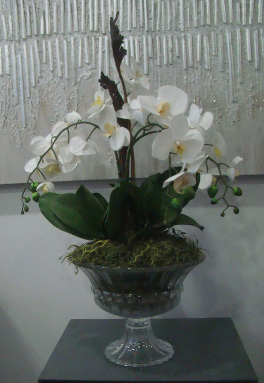 Real Touch White Phalaenopsis Orchid arrangement in Crystal Vase